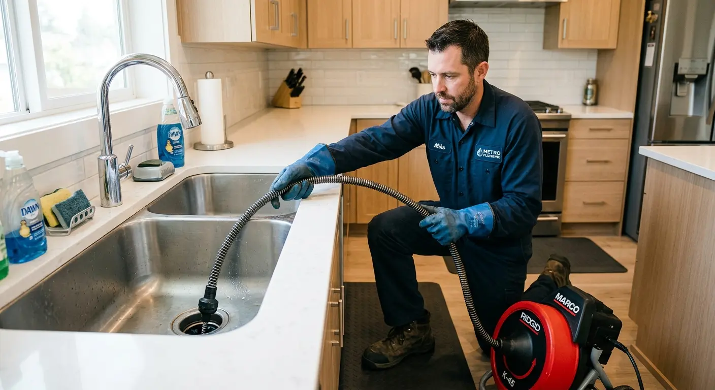 Drain cleaning technician using a motorized snake on a kitchen sink in Angola