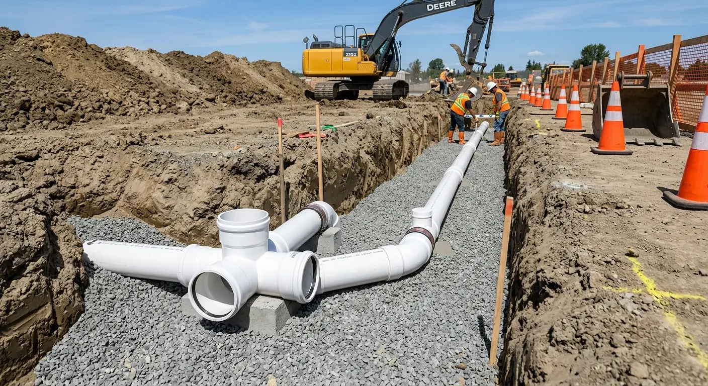 New PVC sewer pipe installation in open trench for Sewer Camera Inspection in Angola