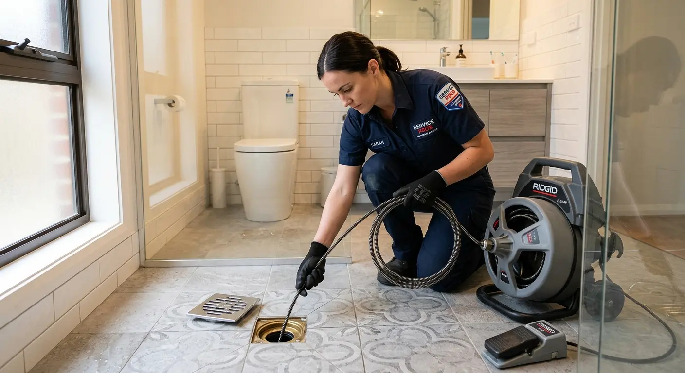 Technician clearing a bathroom floor drain for Sewer Line Installation in Angola